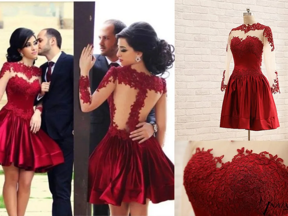 

PV6044 Beautiful A Line See Through Applique Lace Red Short Prom Dress Long Sleeve