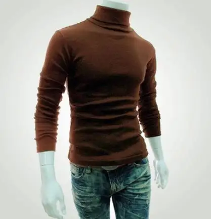 95% хлопок+ 5% спандекс, весенне-осенний однотонный Базовый теплый мужской свитер с воротником под горло, облегающий приталенный брендовый вязаный пуловер - Цвет: Коричневый