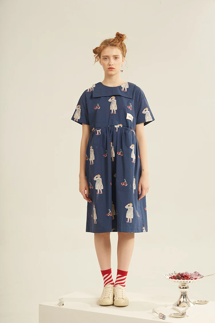 Новое платье Harajuku, милая вишня, Бабочка, дизайнерская женская летняя шифоновая рубашка с коротким рукавом, матроска, консервативный стиль, платье для девочек, синее