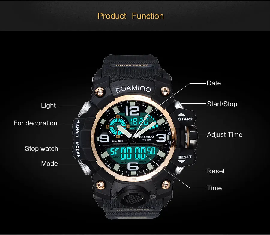 Balck Fashion Quartz Watch Rubber Band Dual Display Men Sports Watches Digital LED Light Waterproof Male Clock Relogio Masculino (4)