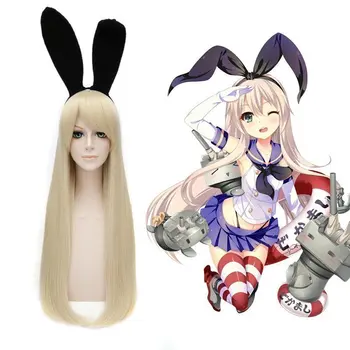 

Japanese Anime Kantai Collection Shimakaze Cosplay Wig 100cm Long Gold wig Women blond wig with rabbit ear Hair
