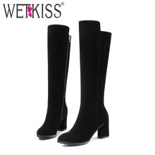 WETKISS/ г. ботинки на молнии лаконичные женские черные сапоги до колена элегантные флоковые сапоги на высоком каблуке Женская Демисезонная обувь