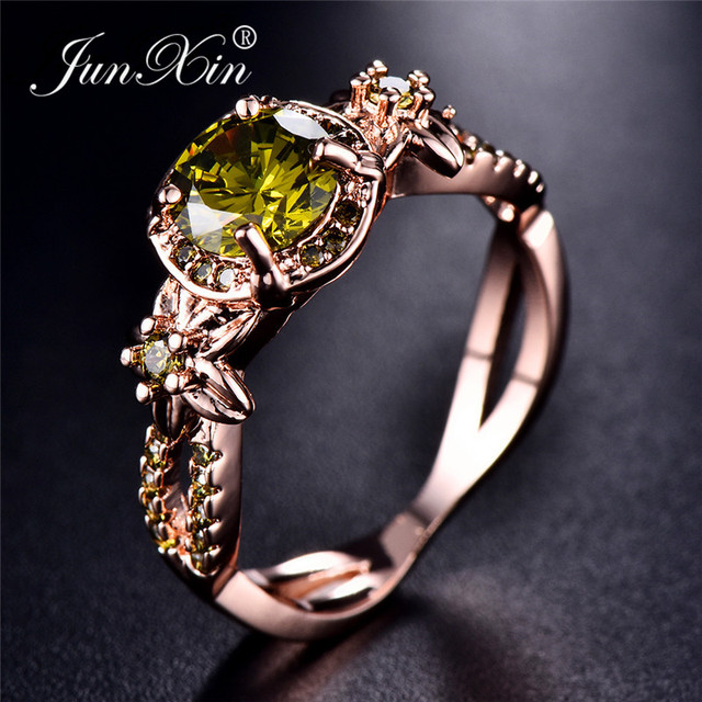 Cute Female Crystal White Blue Green Round Ring Fashion Rose Gold Flower Ring Zircon Stone Engagement Rings For Women