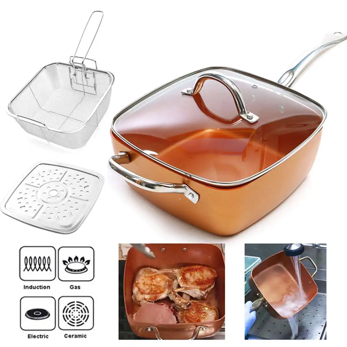 

Ceramic Non-Stick Pan Copper Square Pan Induction Chef Glass Lid Fry Basket Steam Rack 4 Piece Set 9.5 Inches Used In Induction