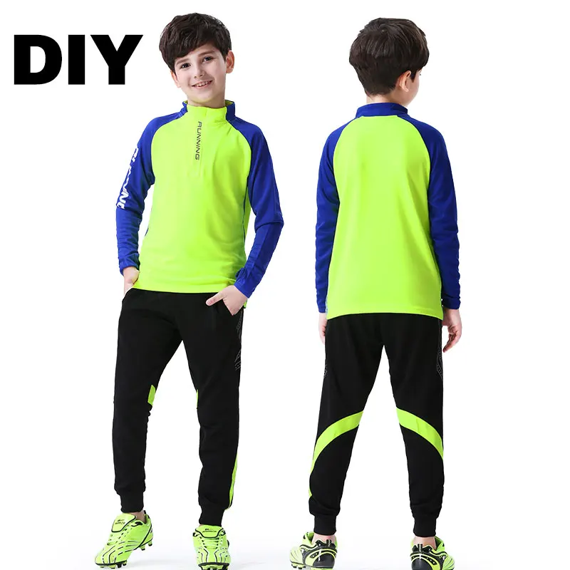 Детская футбольная куртка, костюмы для бега, уличная теплая флисовая толстовка с длинными рукавами, костюм для бега, длинные штаны, спортивный костюм для фитнеса и отдыха - Цвет: neon green DIY