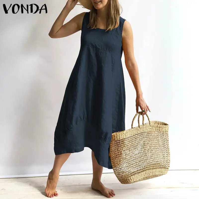 VONDA женское платье летнее сексуальное хлопковое платье без рукавов с квадратным вырезом до середины икры повседневное свободное винтажное платье размера плюс vestidos robe