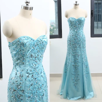 

Sky Blue Sheath Strapless Floor-Length Beading Tulle Prom Party Formal Evening Dress M 262755