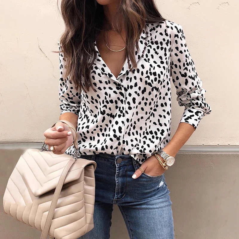 

2019 Spring Women Fashion Elegant White Turn-down Collar Office Workwear Button Blouse Dot Long Sleeve Casual Shirt