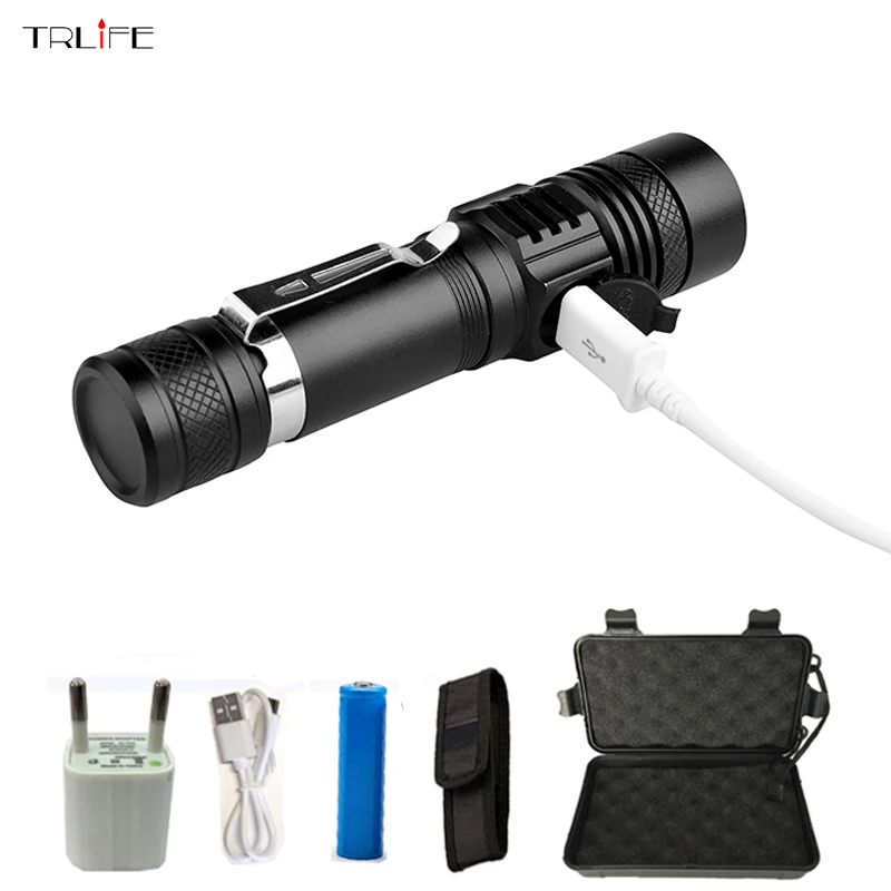 

Portable USB CREE XML-T6 LED Flashlight Waterproof LED Flash Light Torch Lamp Lantern With Pen Clip