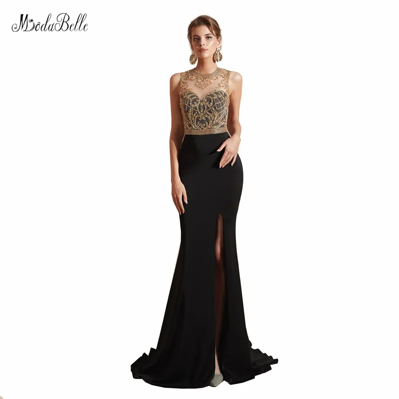 

modabelle High Slit Satin Black Prom Dress Gala Jurken Off The Shoulder 2019 Sexy Mermaid Beaded Prom Dress Vestido Gala