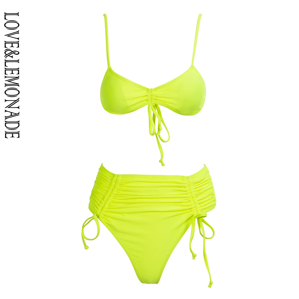 

LOVE&LEMONADE Sexy Fluorescent Green Drawstring Fold Two-Pieces Beach BIKINI LM90065