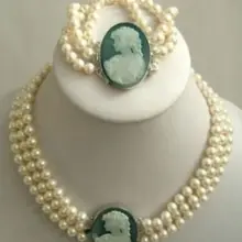 Мода ювелирные изделия 3 ряда(ов) 7- 8 мм белый Akoya перл камея ожерелье браслет белый серебро кварц хрусталя женщины