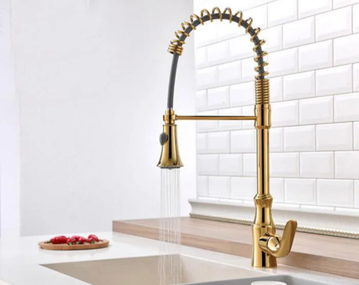 

Free shipping Luxury Gold Color Two Swivel Spouts Extensible Spring Mixer Tap Pull Out KF556