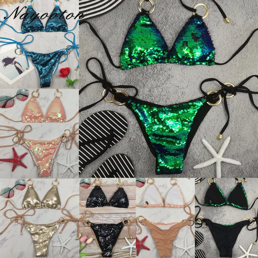 Comprar Conjunto de Bikini triangular para mujer, traje de baño de cintura baja, lentejuelas brillantes, Sexy, cadena, ropa de playa, cuello alto cruzado, traje de baño