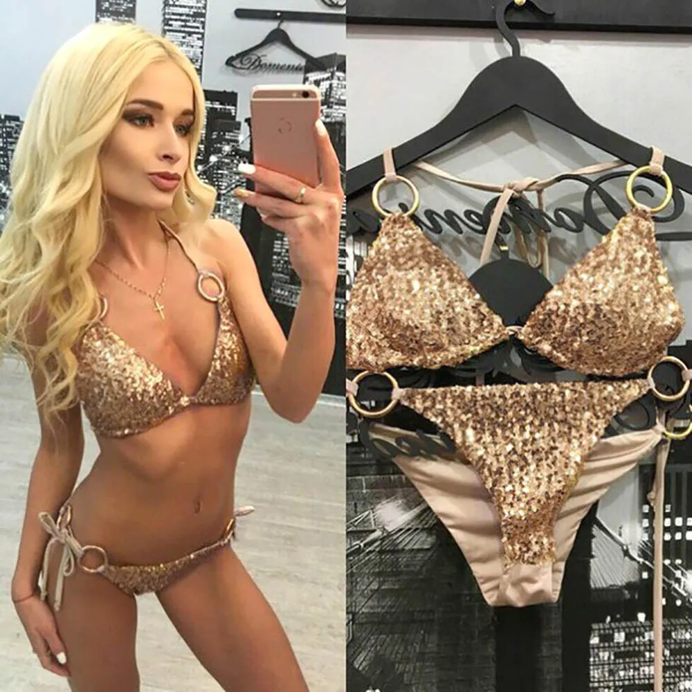 

Women Metal Ring Sequin Bling Strap Plus Size Split Swimwear Swimsuit Bikini Female Tankini Plavky Brazilian Bather Suit Maillot