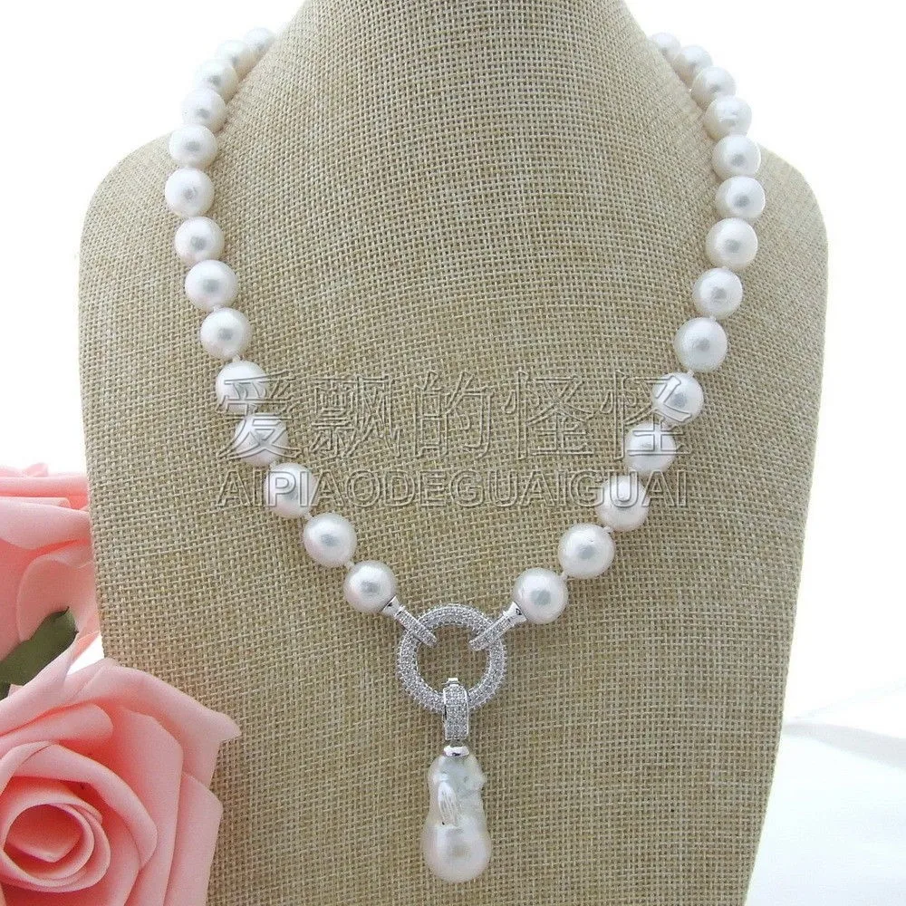 N111302 19 10mm White Keshi Pearl Necklace CZ Pendant in Chain 