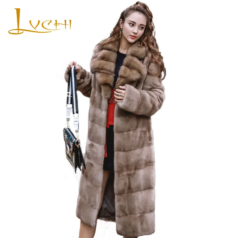 

LVCHI Winter 2019 Imports Swan Velvet Mink Coat Real Mink Fur Coat Natural Fur Striped Women's X-Long Turn-Down Collar Mink Coat