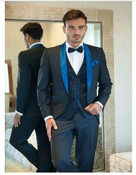 

2017 New Design Men Suits Navy Blue Flat Collar Mens Suits for Wedding Groom Tuxedos Groomsman Suit (Jacket+Pants+Vest)
