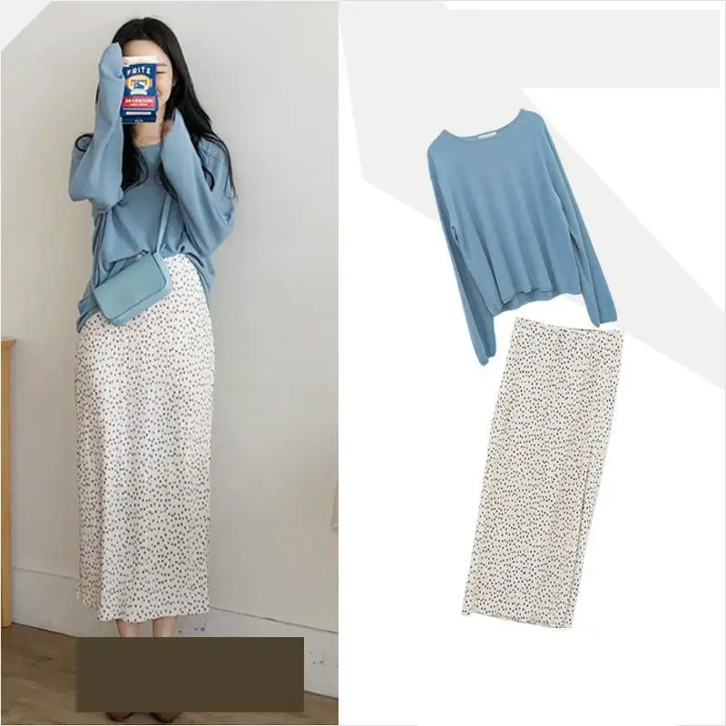 

2019 Girls suit wild long polka dot skirt + loose casual long-sleeved wool sweater two-piece suit