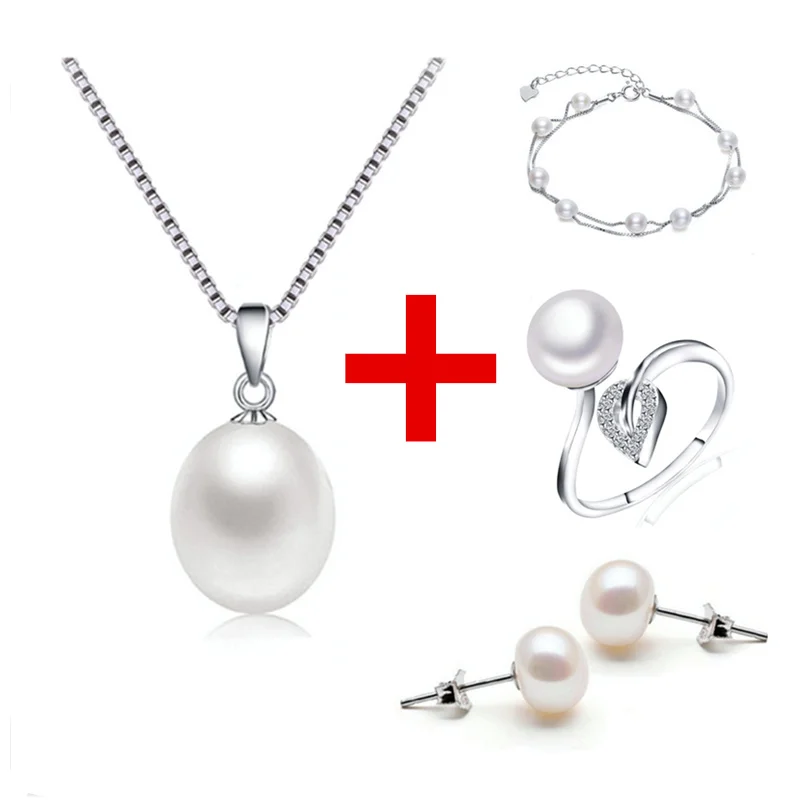

2018 Stylish simplicity real S925 Sterling silver perfect Natural freshwater pearls Set Necklace + Bracelet + Earrings + Ring