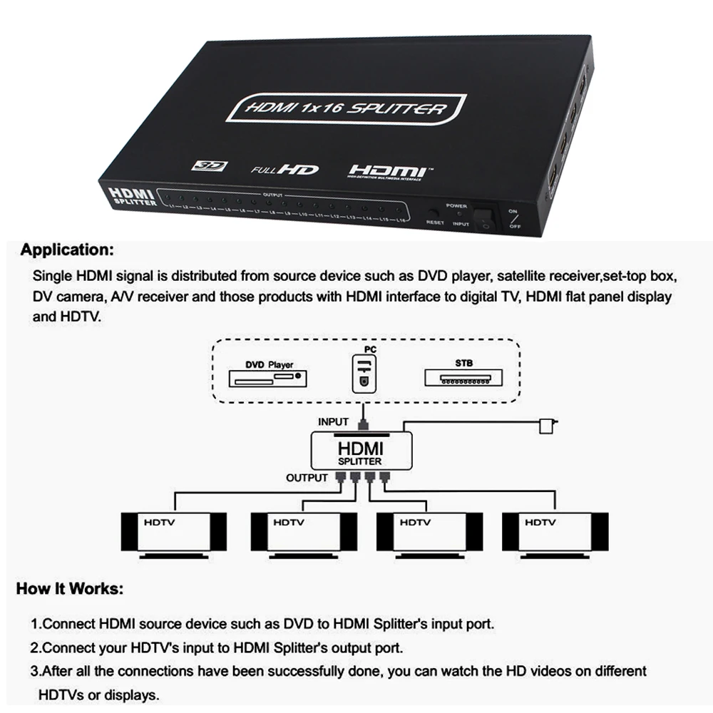 Fully HDMI 1.4 Version 1X16 HDMI Splitter 1 input 16 output Port HDMI Switcher Switch Converter Box 4K2K 1080P Blu-ray Players Fully HDMI 1.4 Version 1X16 HDMI Splitter 1 input 16 output Port HDMI Switcher Switch Converter Box 4K2K 1080P Blu-ray Players