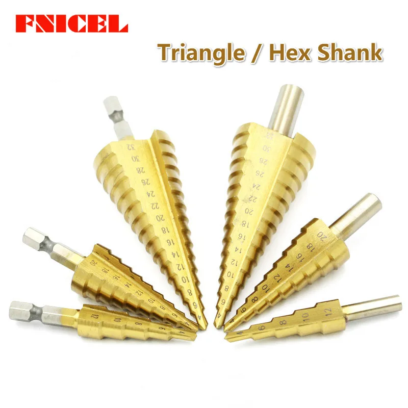 

3Pcs Hss Step Drill Bit Titanium Coated Step Cone Metal Hole Cutter 4-12/20/32mm Metal Hex Tapered Drill Power Tools Accessories