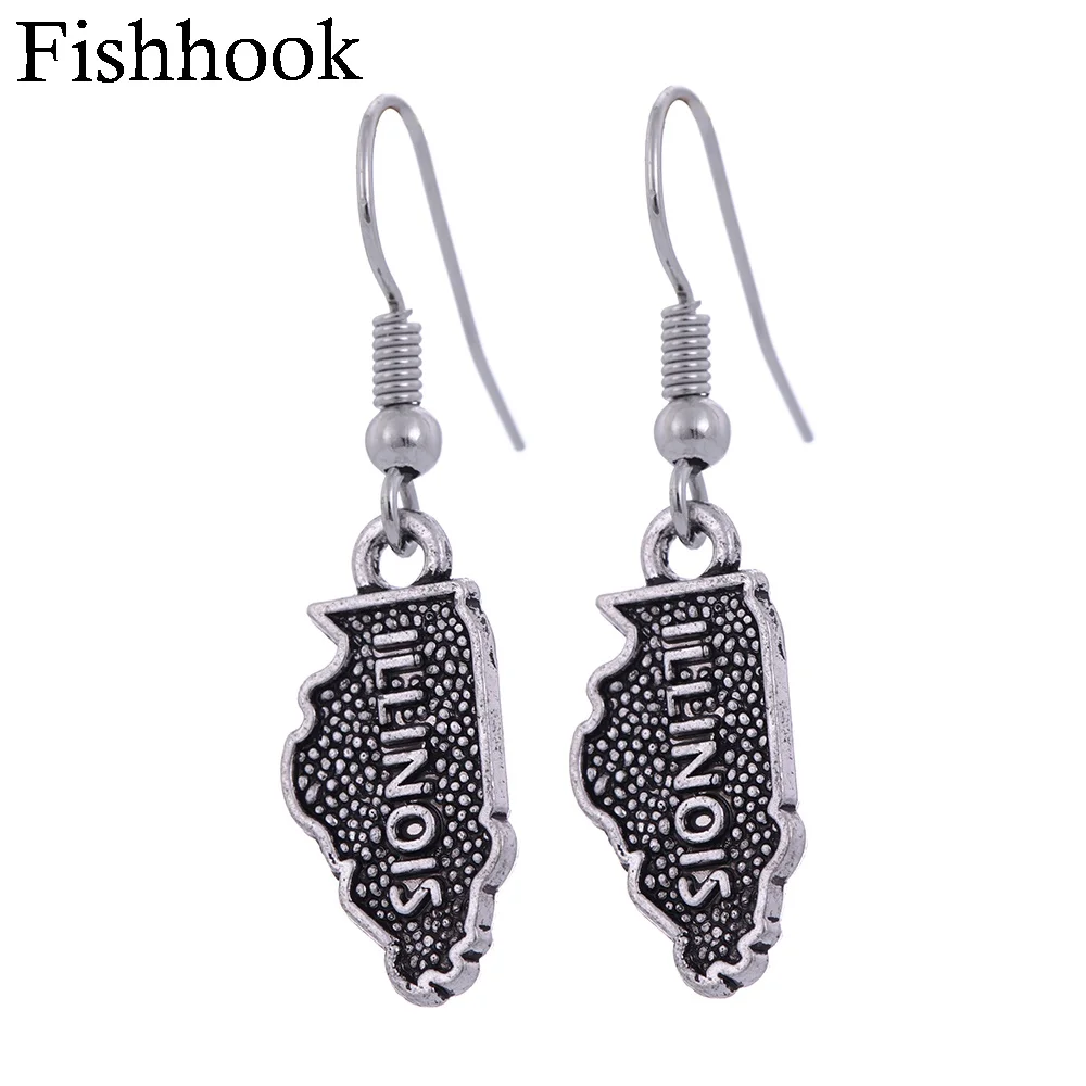Fishhook USA State Map Earring ILLINOIS And Pendants Outline Charms Antique Silver Color Gifts | Украшения и аксессуары
