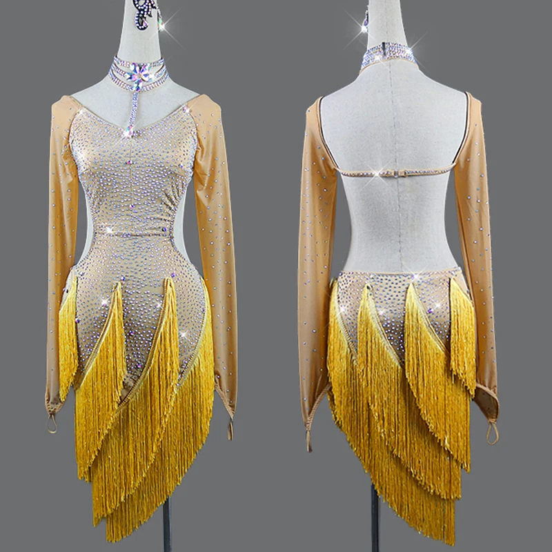 

2019 Latin Dance Dress Women Gold Rhinestone Long Sleeve Dress ChaCha Yellow Tassels Fringe Dress Professional Dance Dress VD398