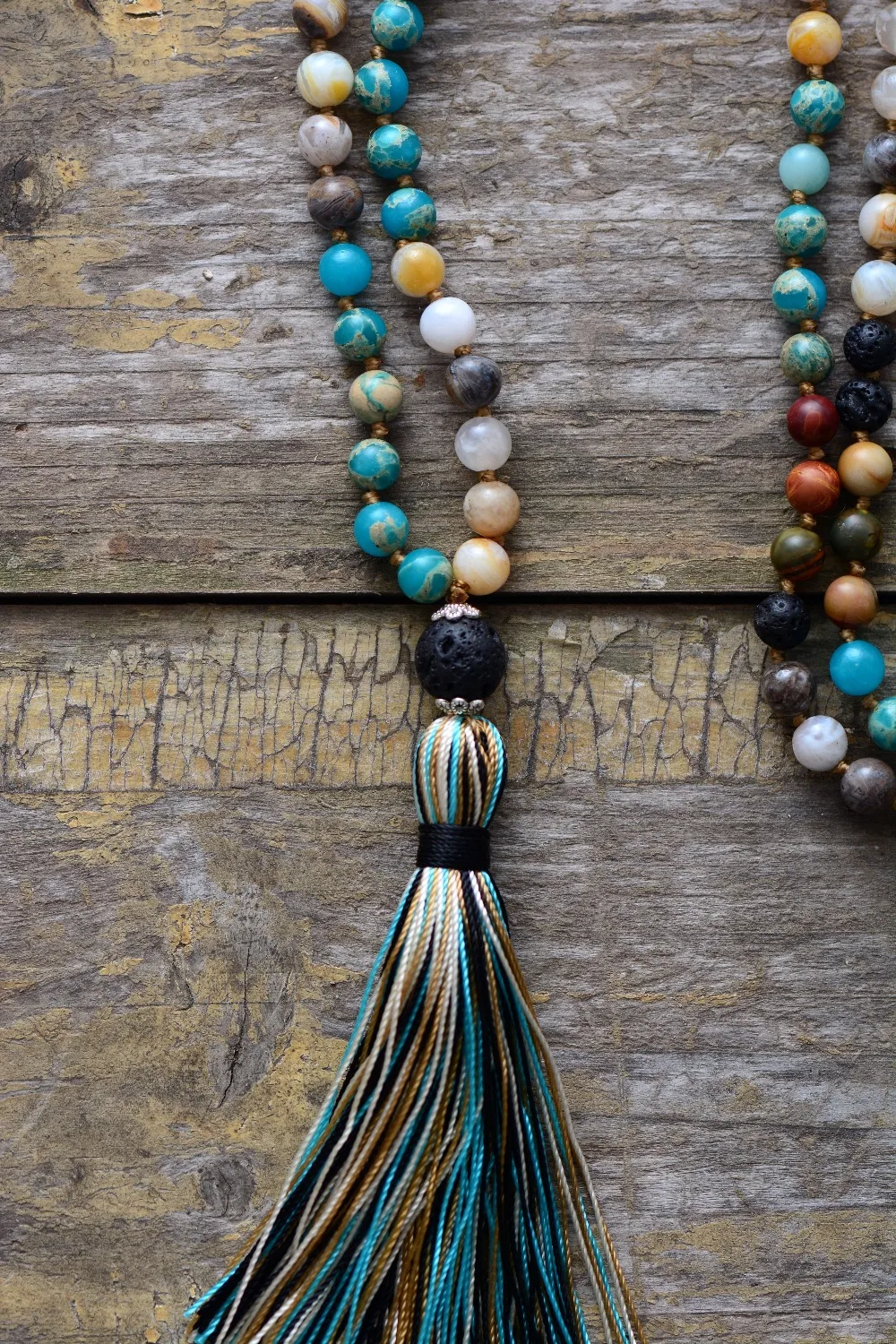 Women Beads Necklace 6MM Natural Stone Lava Rock Tassel Necklace Boho Lariat Mala Yoga