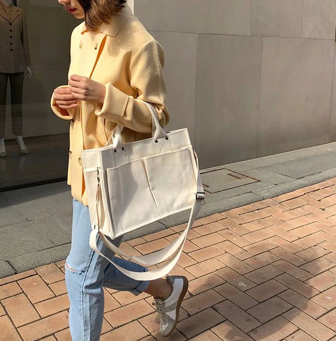 

XCZJ Multi-pocket Linen Canvas Tote Casual Durable Women Handbags Summer Beach Feminine Shoulder Bucket Bag