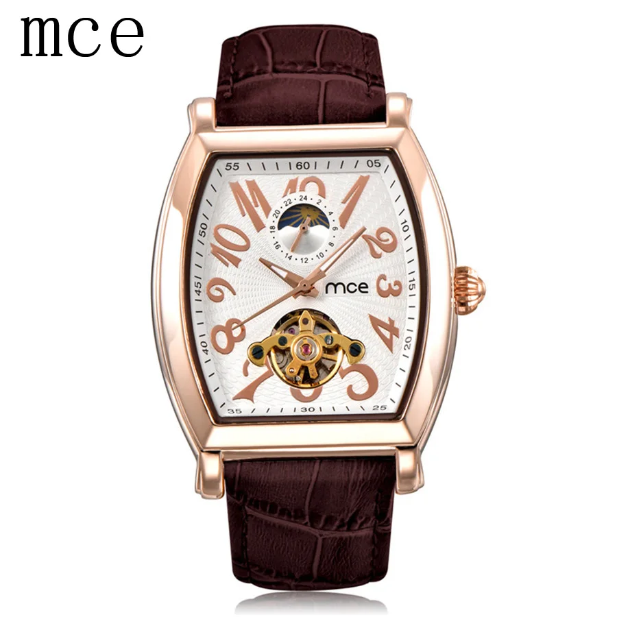 

Rectangle Vintage Tourbillon Mechanical Watch Men MCE Luxury Brand Gold Leather Automatic Watches Fashion Waterproof Wrist watch