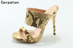 Carpaton высокий каблук Дамские тапочки Мода змеиной сандалии с открытым носком пикантные женские снаружи обувь для вечеринок босоножки