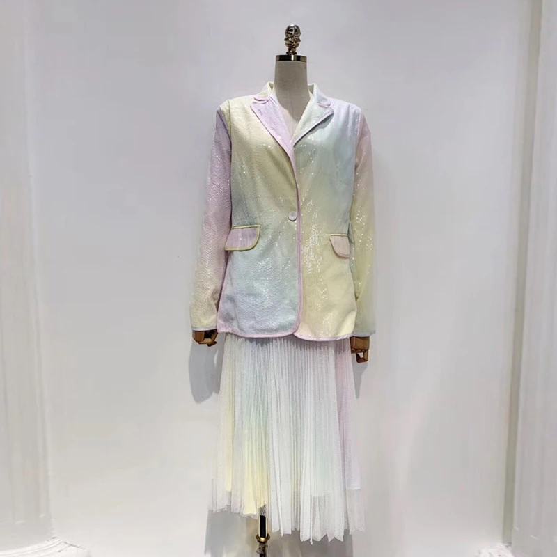 2019 Designer Gradient Sequined Women's Jacket Blazer Single Button Patchwork Female Suit Coat Office Ladies Blazers Mujer