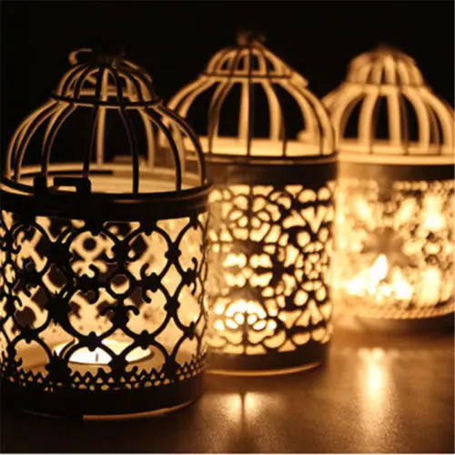 

Metal Hollow Candle Holder Romantic Atmosphere European Style Tealight Candlestick Hanging Lantern Bird Cage Decor White