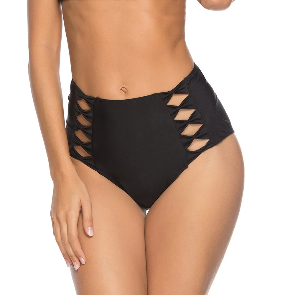 

2019 Swimwear Women Swim Bikini Bottoms Pants Solid Color Hollow Design High Waisted Swim Pants for Beach ALS88