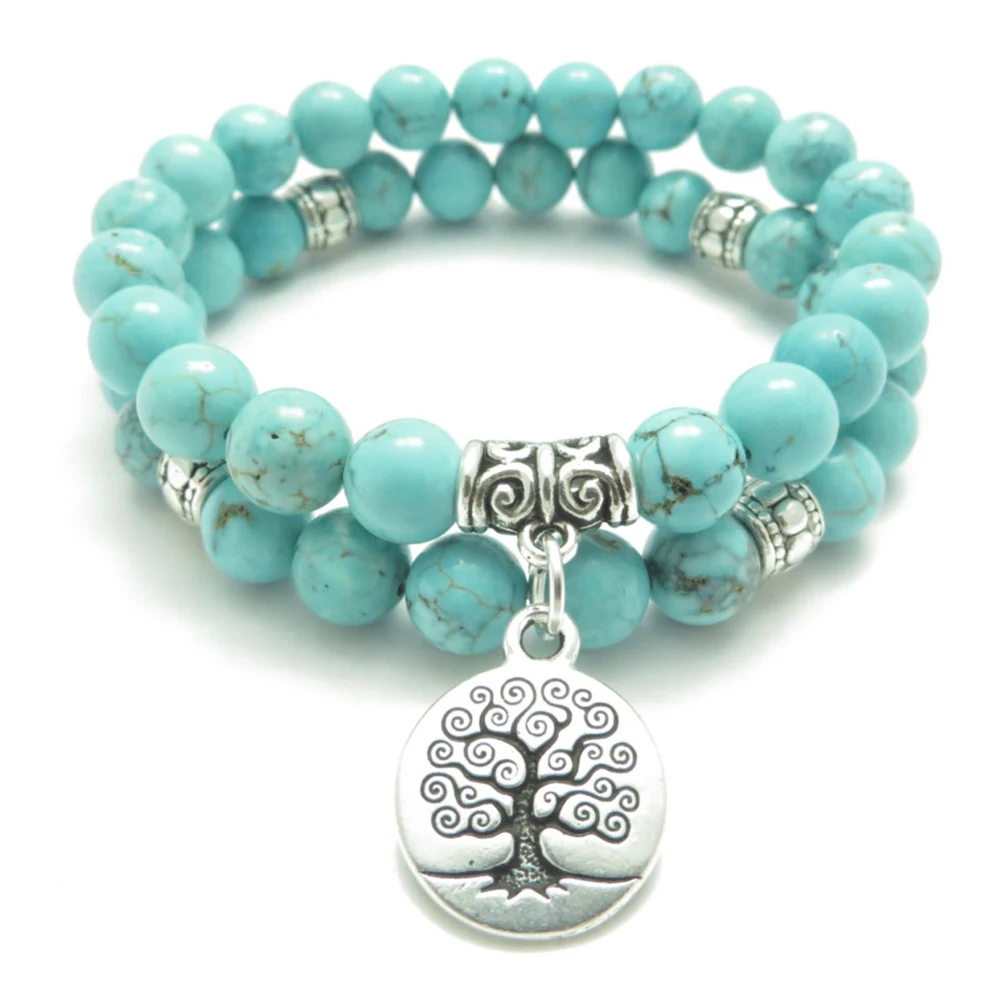 

SN0643 Tree of Life Jewelry Yoga Mala Bracelet Tuquoise Healing Protection Elastic Beaded Stacking Bracelet Spiritual Jewelry