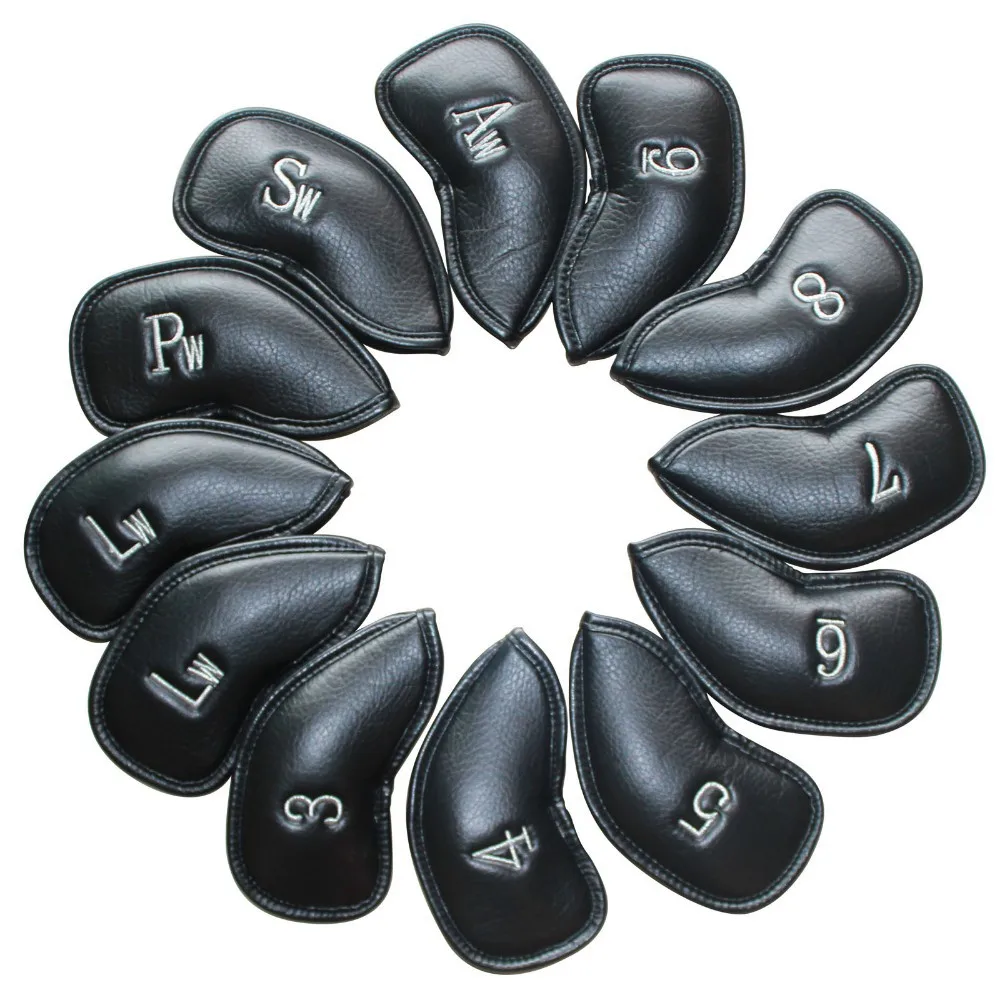 Набор из 12 черных PU кожаный чехол для головки клюшки для гольфа крышка клиновидная железная клюшка Защитные чехлы для головки-черный