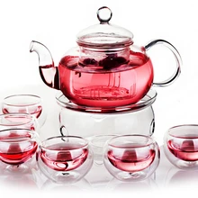 Набор чайников из боросиликатного стекла, заварочный чайник+ грелка+ 6 чайных чашек с двойными стенками