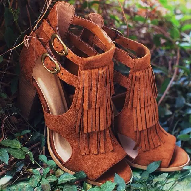 

2017 Buckle Strap Sandalia Feminina Chunky High Heels Summer Shoes Sandals Women Fringe Gladiator Sandals Women Zapatos Mujer