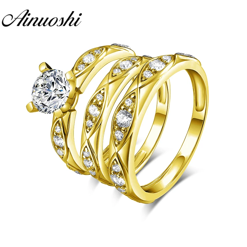 

AINUOSHI 7.0g Real Gold TRIO Rings 10k Yellow Gold Couple Wedding Ring Set Leaf Design Lover Engagement Wedding Rings Jewelry