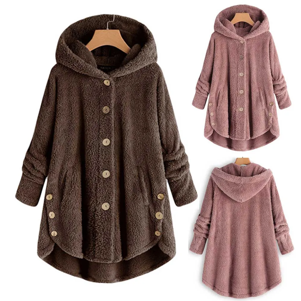 

Fashion Women Button Coat Fluffy Tail Tops Hooded Cardigans Loose Sweater