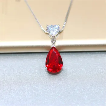 

Ruby Gemstone S925 Silver Sterling Pendant Necklace Fine Jewelry Heart & Water Drop Bridal Wedding Classic Bijoux No Chain