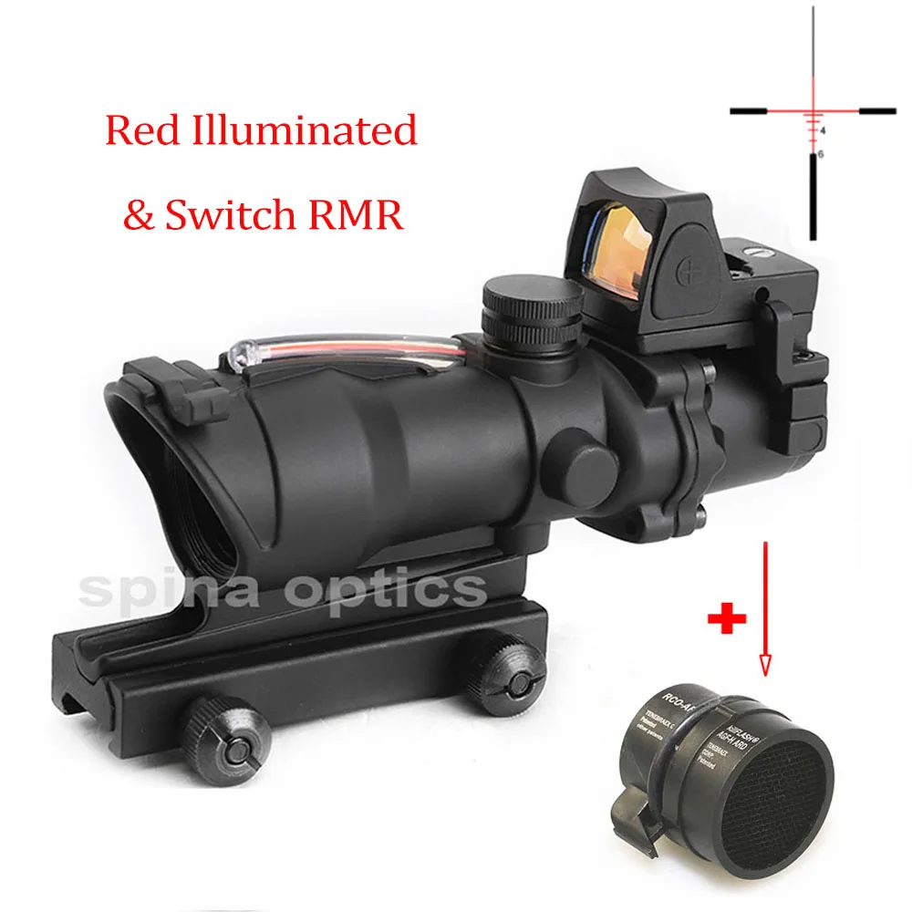 Охотничий Прицел ACOG 4X32 из настоящего волокна, красный, зеленый, с подсветкой, прицел с RMR Red Dot для винтовки. 223. 308 калибра - Цвет: Red fiber black