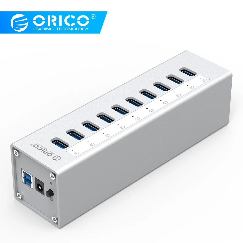 ORICO A3H10 USB 3,0 концентратор высокого качества с адаптером питания алюминиевый 10 портовый USB 3,0 концентратор-серебро