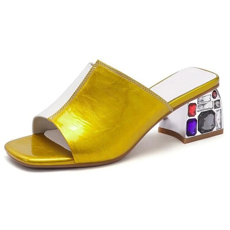 

Women Slippers Mules Crystal Shoes Genuine Leather Shoes Patchwork 2019 New Block High Heels Sexy Green TPR Ladies Party Shoes