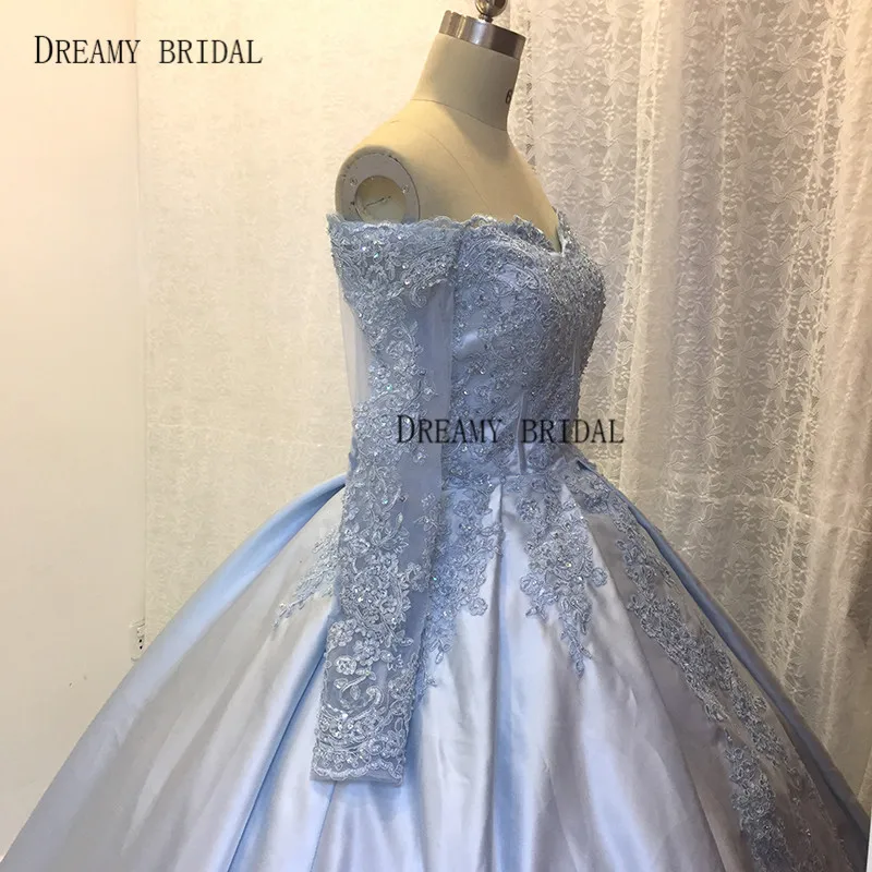 Dreamy Bridal Blue Long Wedding Dresses Ball Gown Sweetheart Long Sleeves Off the Shoulder Lace Beads Bride Gowns Custom Made-3