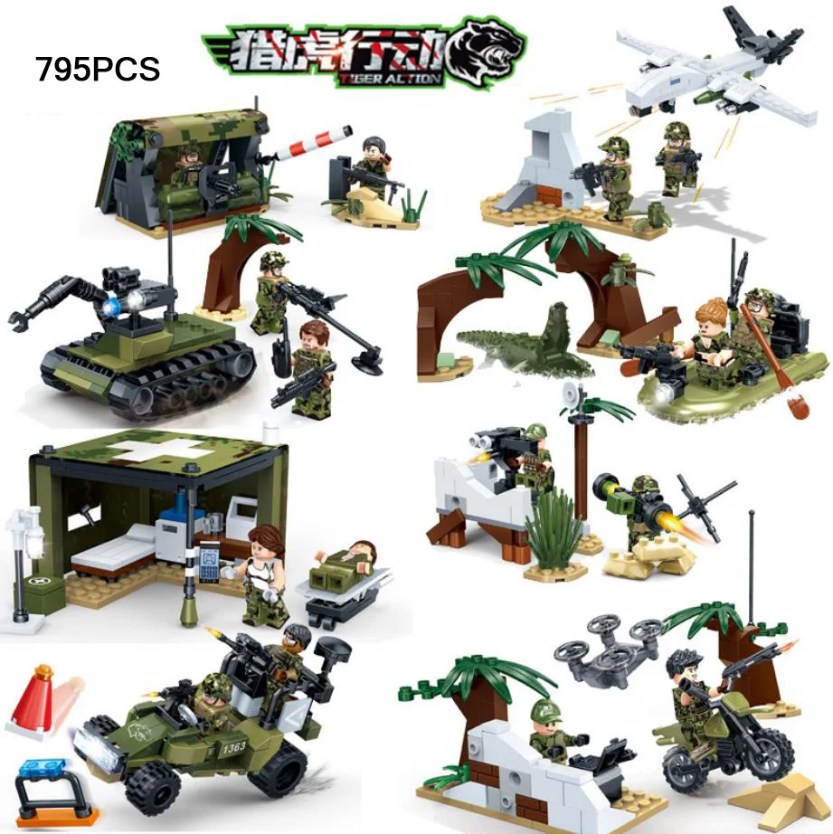 Военный Тигр Охота действие minifigs блок ww2 brickmania армейские фигурки оружие истребитель мотоцикл пистолет лодка автомобиль база игрушка