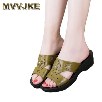 

MVVJKE summer leather fashion woman slippers female casual slope thick bottom slip mother slippers ladies soft bottom slippers
