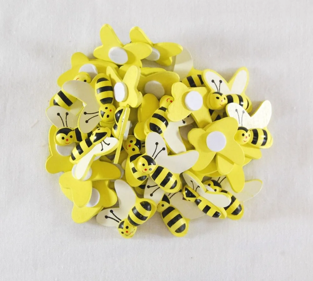 

20PCS 30mm wooden yellow bumble bees Stickers Large bee insect craft card wood toppers embellishments