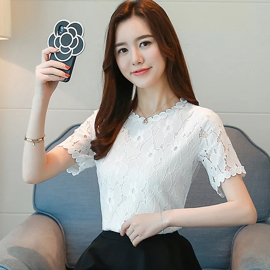

New Fashion 2019 Summer Lace Women Solid White Short Sleeve Flower Printed Blouse Casual Round Neck Ruffle Blouses Tops 181E6